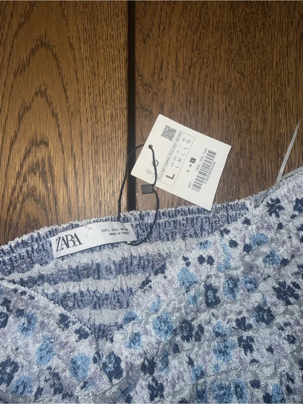 Zara Blue Floral Smocked Off-Shoulder Long Sleeve Crop Top